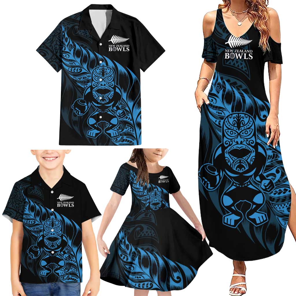 New Zealand Lawn Bowls Custom Family Matching Summer Maxi Dress and Hawaiian Shirt Blue Maori Warrior Tribal Silver Fern LT9 - Polynesian Pride
