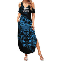 New Zealand Lawn Bowls Custom Family Matching Summer Maxi Dress and Hawaiian Shirt Blue Maori Warrior Tribal Silver Fern LT9 Mom's Dress Blue - Polynesian Pride