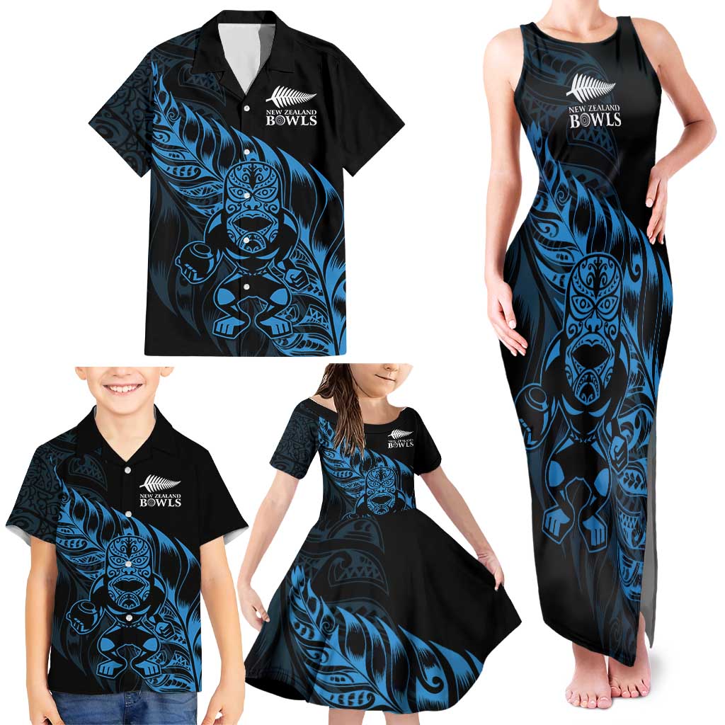 New Zealand Lawn Bowls Custom Family Matching Tank Maxi Dress and Hawaiian Shirt Blue Maori Warrior Tribal Silver Fern - Polynesian Pride