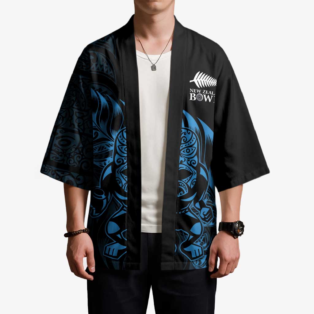 New Zealand Lawn Bowls Custom Kimono Blue Maori Warrior Tribal Silver Fern - Polynesian Pride