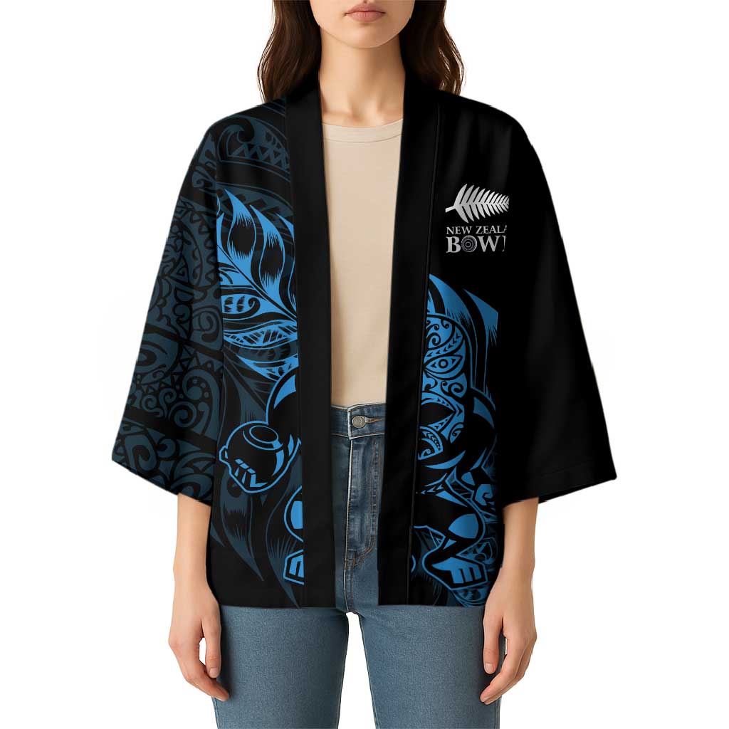 New Zealand Lawn Bowls Custom Kimono Blue Maori Warrior Tribal Silver Fern - Polynesian Pride