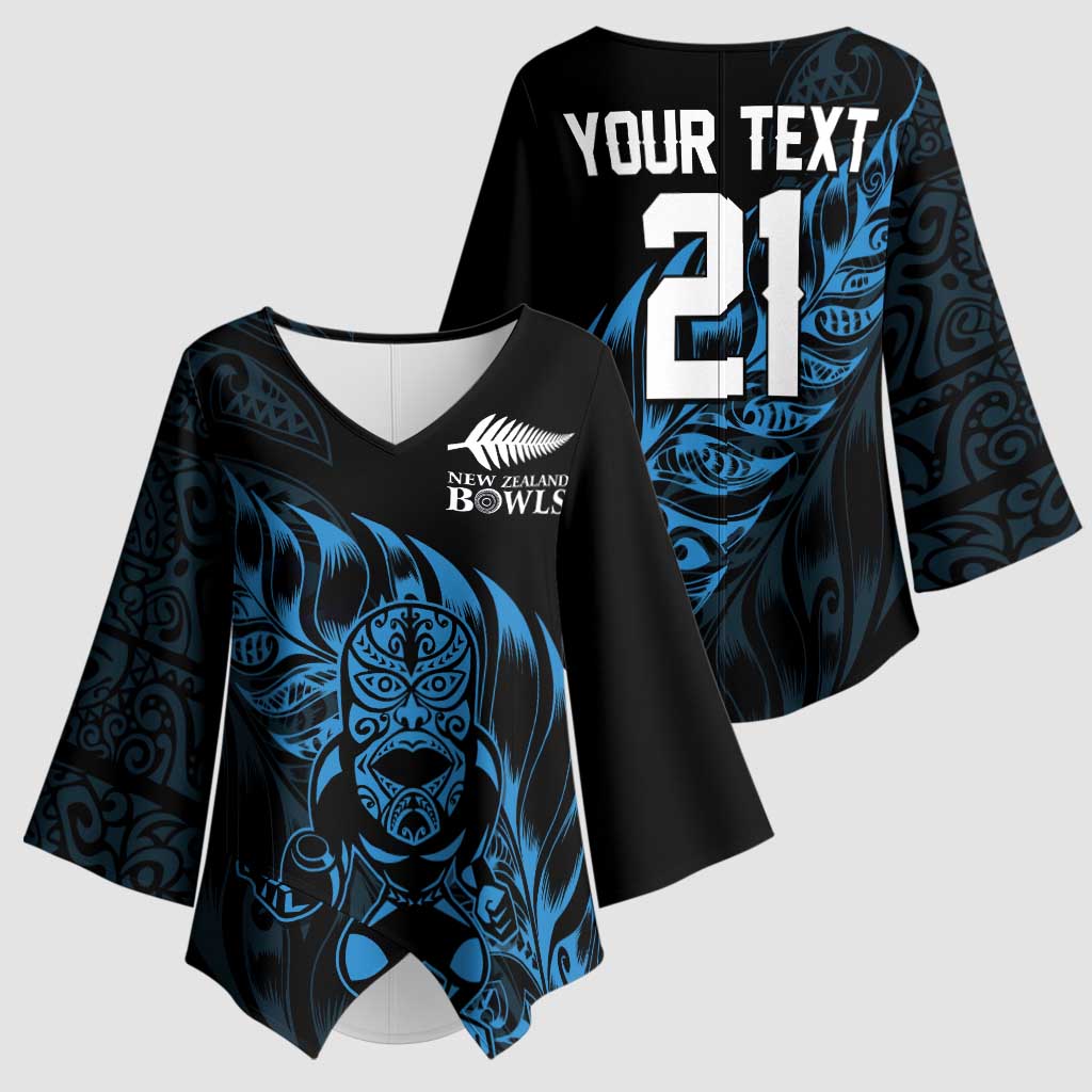 New Zealand Lawn Bowls Custom Kimono Sleeve Blouse Blue Maori Warrior Tribal Silver Fern - Polynesian Pride
