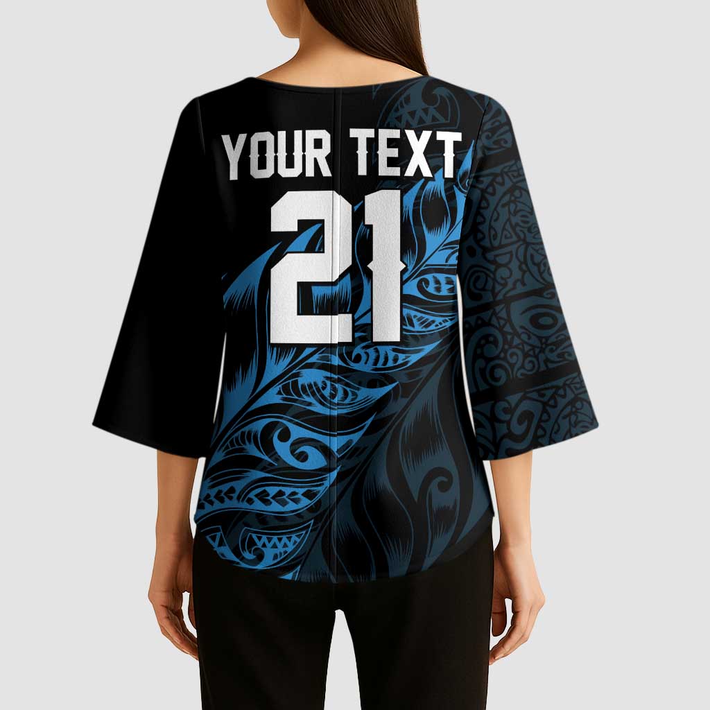 New Zealand Lawn Bowls Custom Kimono Sleeve Blouse Blue Maori Warrior Tribal Silver Fern - Polynesian Pride