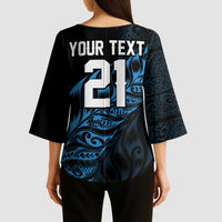 New Zealand Lawn Bowls Custom Kimono Sleeve Blouse Blue Maori Warrior Tribal Silver Fern - Polynesian Pride