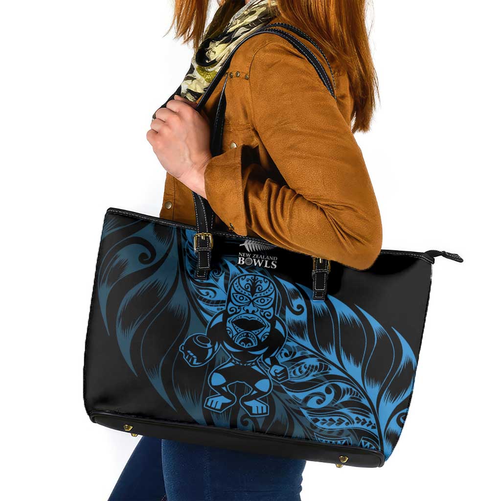 New Zealand Lawn Bowls Leather Tote Bag Blue Maori Warrior Tribal Silver Fern - Polynesian Pride