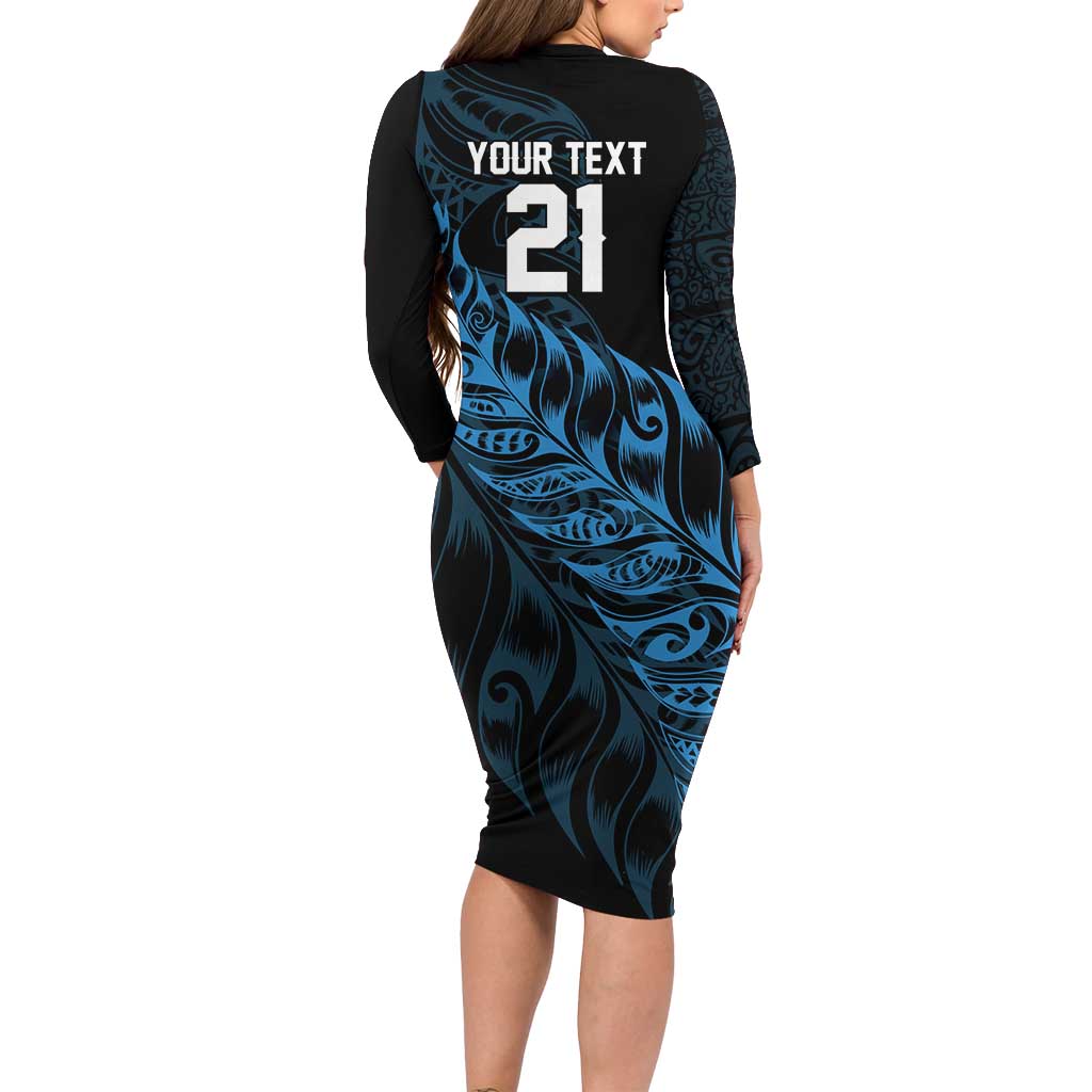 New Zealand Lawn Bowls Custom Long Sleeve Bodycon Dress Blue Maori Warrior Tribal Silver Fern LT9 - Polynesian Pride