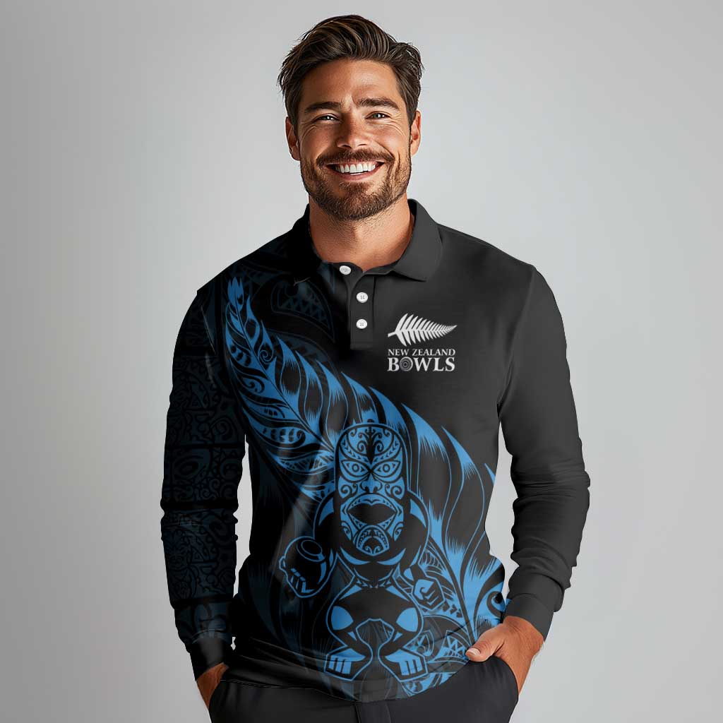 New Zealand Lawn Bowls Custom Long Sleeve Polo Shirt Blue Maori Warrior Tribal Silver Fern - Polynesian Pride