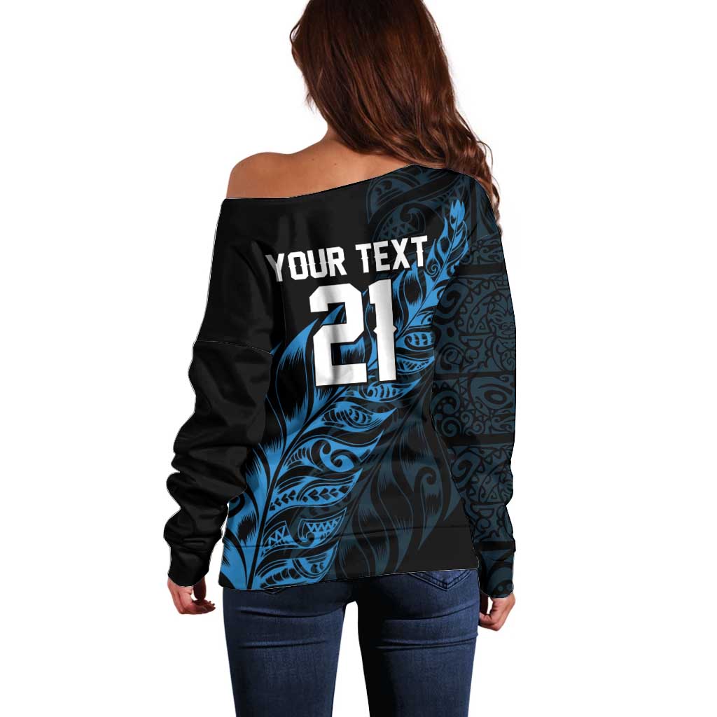 New Zealand Lawn Bowls Custom Off Shoulder Sweater Blue Maori Warrior Tribal Silver Fern - Polynesian Pride