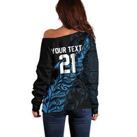 New Zealand Lawn Bowls Custom Off Shoulder Sweater Blue Maori Warrior Tribal Silver Fern - Polynesian Pride