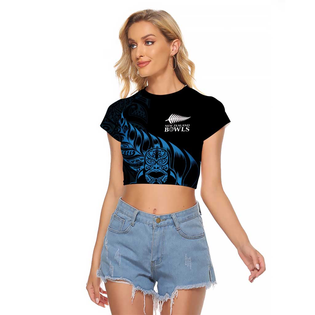 New Zealand Lawn Bowls Custom Raglan Cropped T Shirt Blue Maori Warrior Tribal Silver Fern - Polynesian Pride