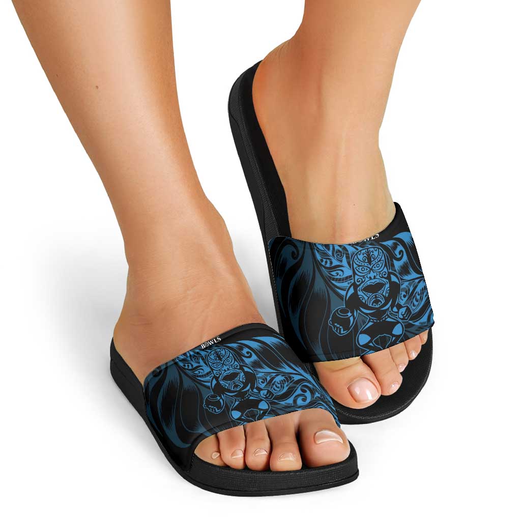 New Zealand Lawn Bowls Slide Sandals Blue Maori Warrior Tribal Silver Fern LT9 - Polynesian Pride