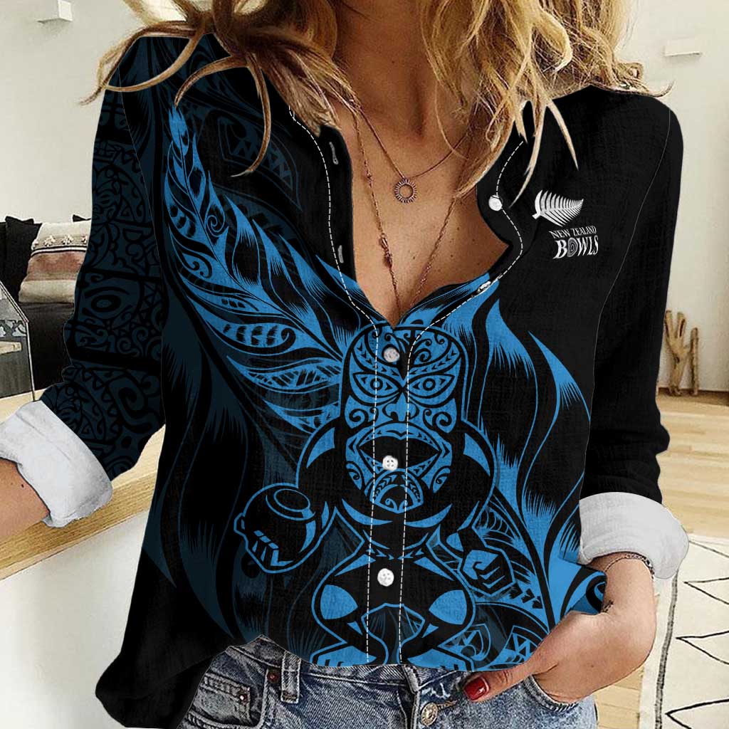 New Zealand Lawn Bowls Custom Women Casual Shirt Blue Maori Warrior Tribal Silver Fern - Polynesian Pride