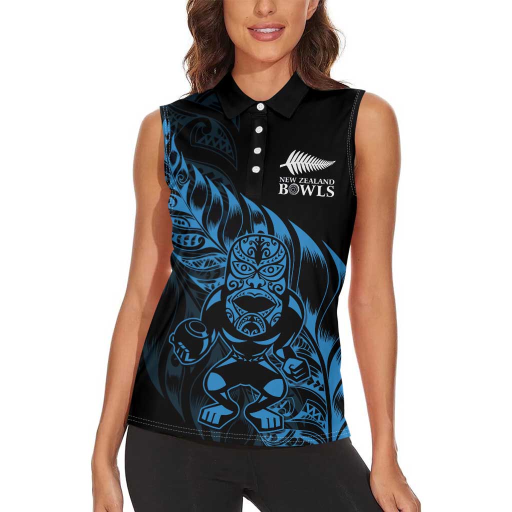 New Zealand Lawn Bowls Custom Women Sleeveless Polo Shirt Blue Maori Warrior Tribal Silver Fern LT9 - Polynesian Pride