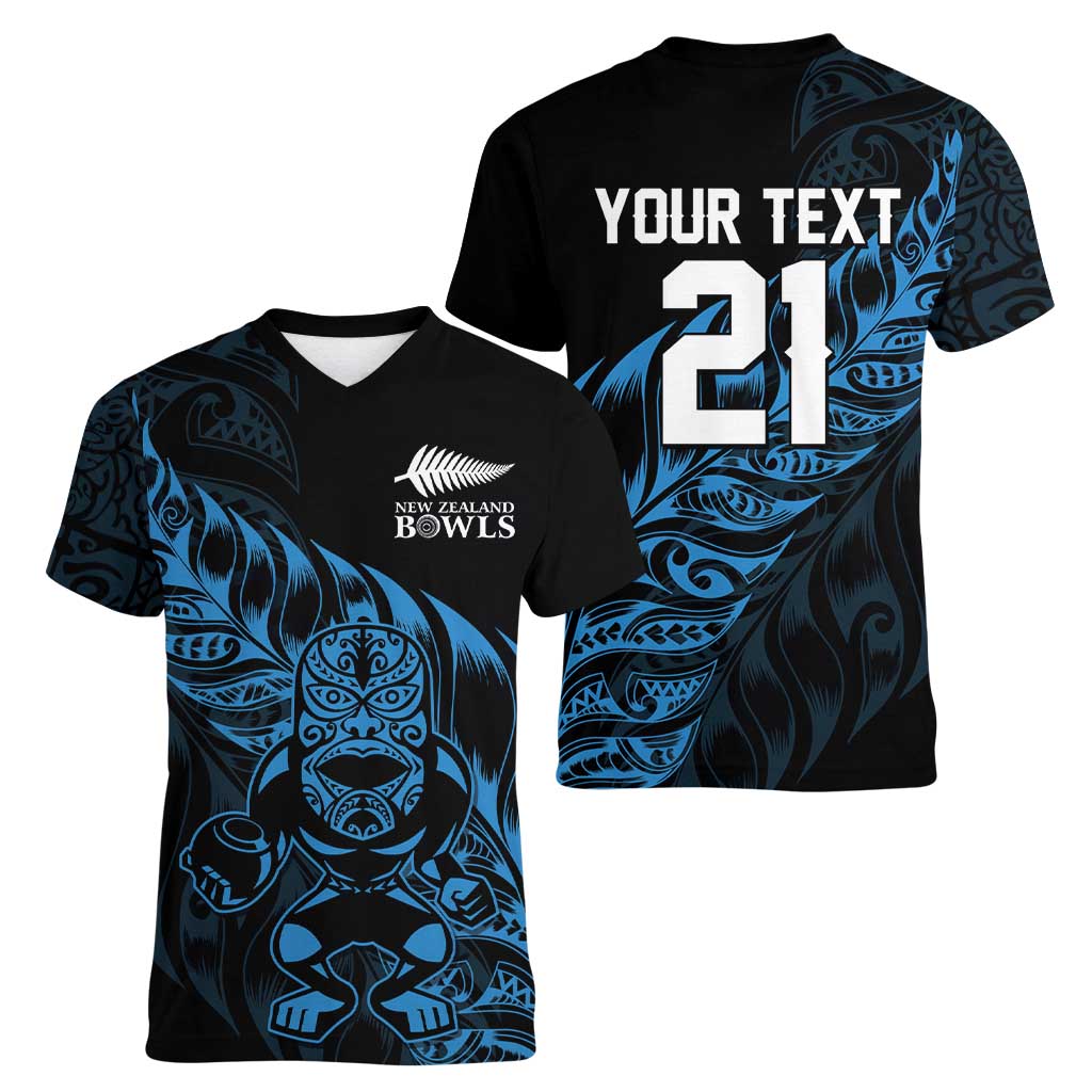 New Zealand Lawn Bowls Custom Women V-Neck T-Shirt Blue Maori Warrior Tribal Silver Fern LT9 - Polynesian Pride