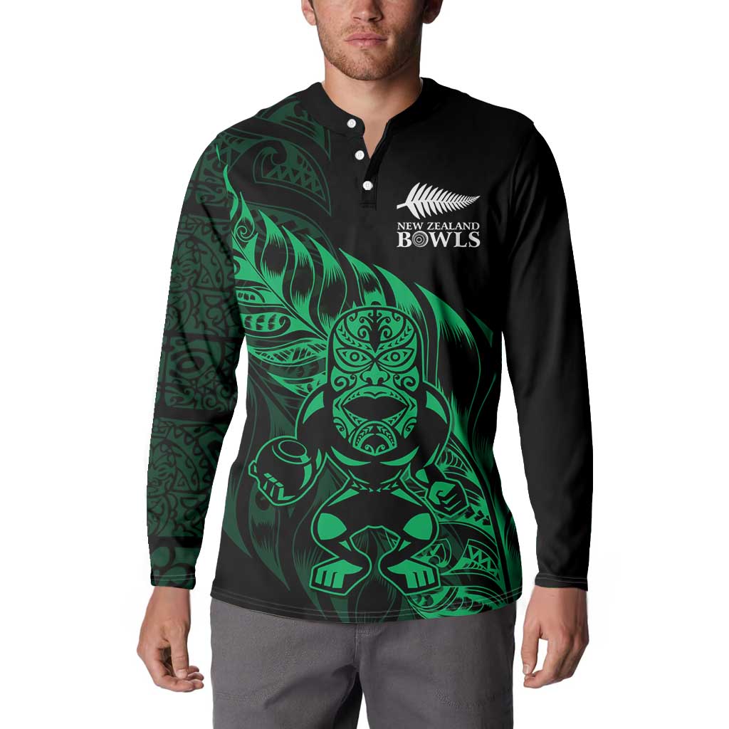 New Zealand Lawn Bowls Custom Button Sweatshirt Green Maori Warrior Tribal Silver Fern - Polynesian Pride