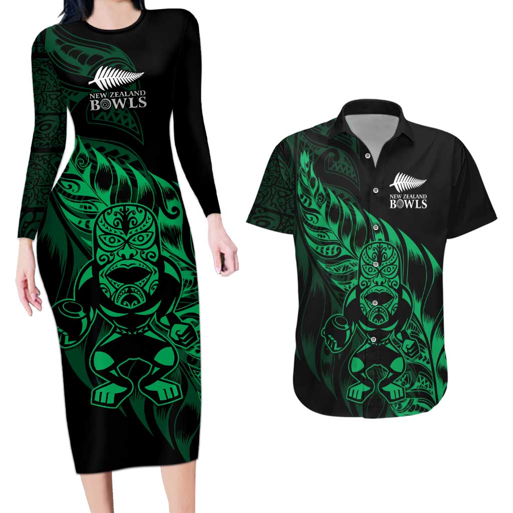 New Zealand Lawn Bowls Custom Couples Matching Long Sleeve Bodycon Dress and Hawaiian Shirt Green Maori Warrior Tribal Silver Fern LT9 Green - Polynesian Pride
