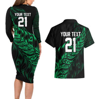 New Zealand Lawn Bowls Custom Couples Matching Long Sleeve Bodycon Dress and Hawaiian Shirt Green Maori Warrior Tribal Silver Fern LT9 - Polynesian Pride