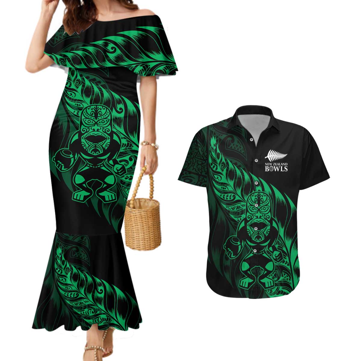 New Zealand Lawn Bowls Custom Couples Matching Mermaid Dress and Hawaiian Shirt Green Maori Warrior Tribal Silver Fern LT9 Green - Polynesian Pride