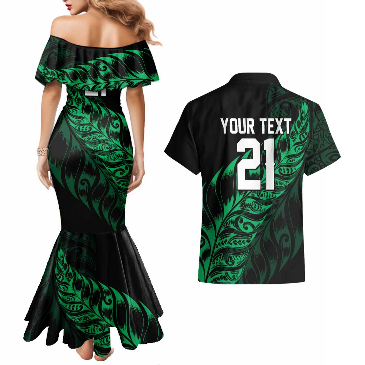 New Zealand Lawn Bowls Custom Couples Matching Mermaid Dress and Hawaiian Shirt Green Maori Warrior Tribal Silver Fern LT9 - Polynesian Pride