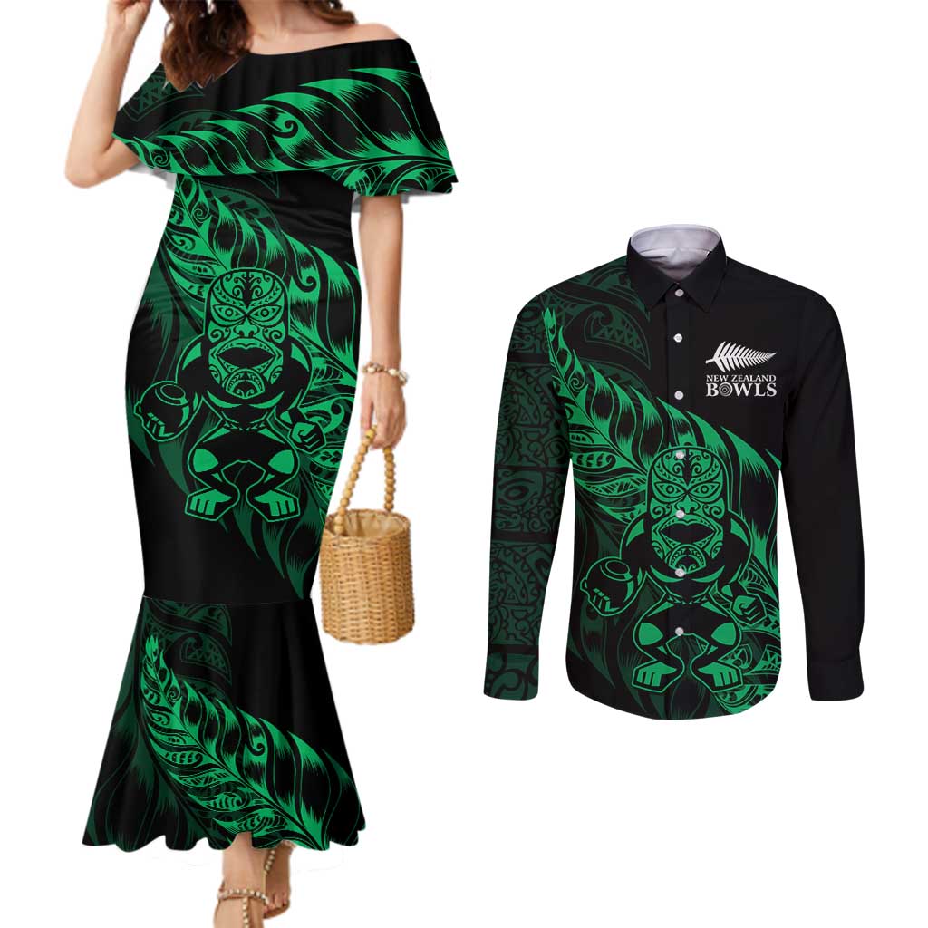 New Zealand Lawn Bowls Custom Couples Matching Mermaid Dress and Long Sleeve Button Shirt Green Maori Warrior Tribal Silver Fern - Polynesian Pride