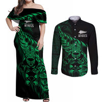 New Zealand Lawn Bowls Custom Couples Matching Off Shoulder Maxi Dress and Long Sleeve Button Shirt Green Maori Warrior Tribal Silver Fern LT9 Green - Polynesian Pride