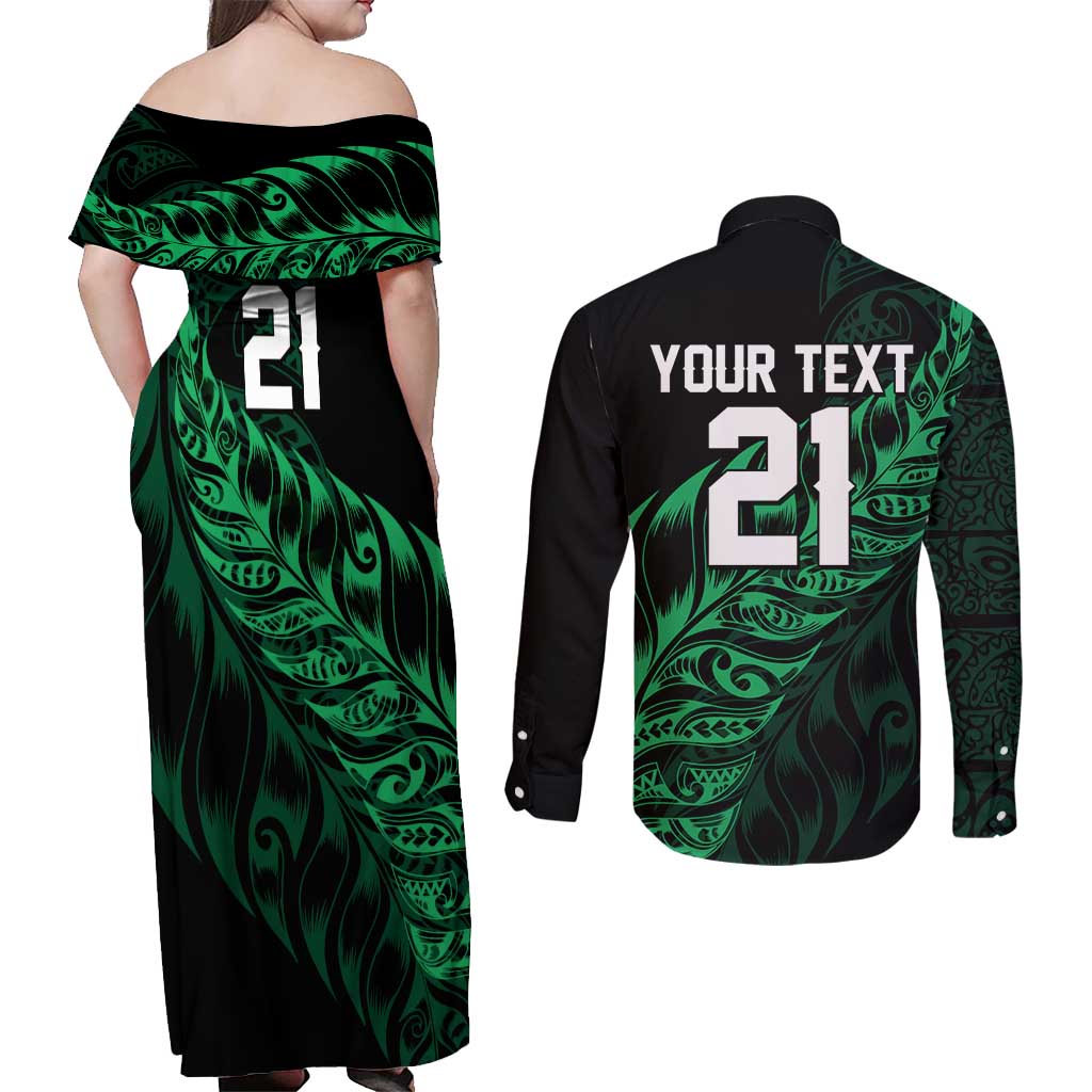 New Zealand Lawn Bowls Custom Couples Matching Off Shoulder Maxi Dress and Long Sleeve Button Shirt Green Maori Warrior Tribal Silver Fern LT9 - Polynesian Pride