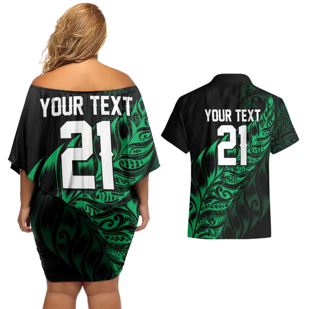New Zealand Lawn Bowls Custom Couples Matching Off Shoulder Short Dress and Hawaiian Shirt Green Maori Warrior Tribal Silver Fern LT9 - Polynesian Pride