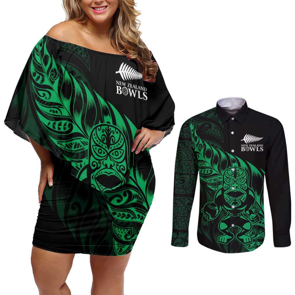 New Zealand Lawn Bowls Custom Couples Matching Off Shoulder Short Dress and Long Sleeve Button Shirt Green Maori Warrior Tribal Silver Fern LT9 Green - Polynesian Pride