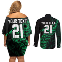 New Zealand Lawn Bowls Custom Couples Matching Off Shoulder Short Dress and Long Sleeve Button Shirt Green Maori Warrior Tribal Silver Fern LT9 - Polynesian Pride