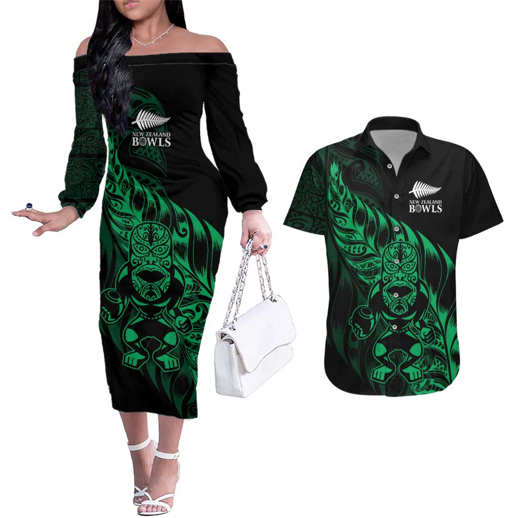New Zealand Lawn Bowls Custom Couples Matching Off The Shoulder Long Sleeve Dress and Hawaiian Shirt Green Maori Warrior Tribal Silver Fern LT9 Green - Polynesian Pride
