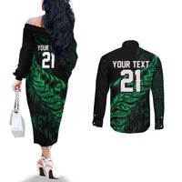 New Zealand Lawn Bowls Custom Couples Matching Off The Shoulder Long Sleeve Dress and Long Sleeve Button Shirt Green Maori Warrior Tribal Silver Fern LT9 - Polynesian Pride