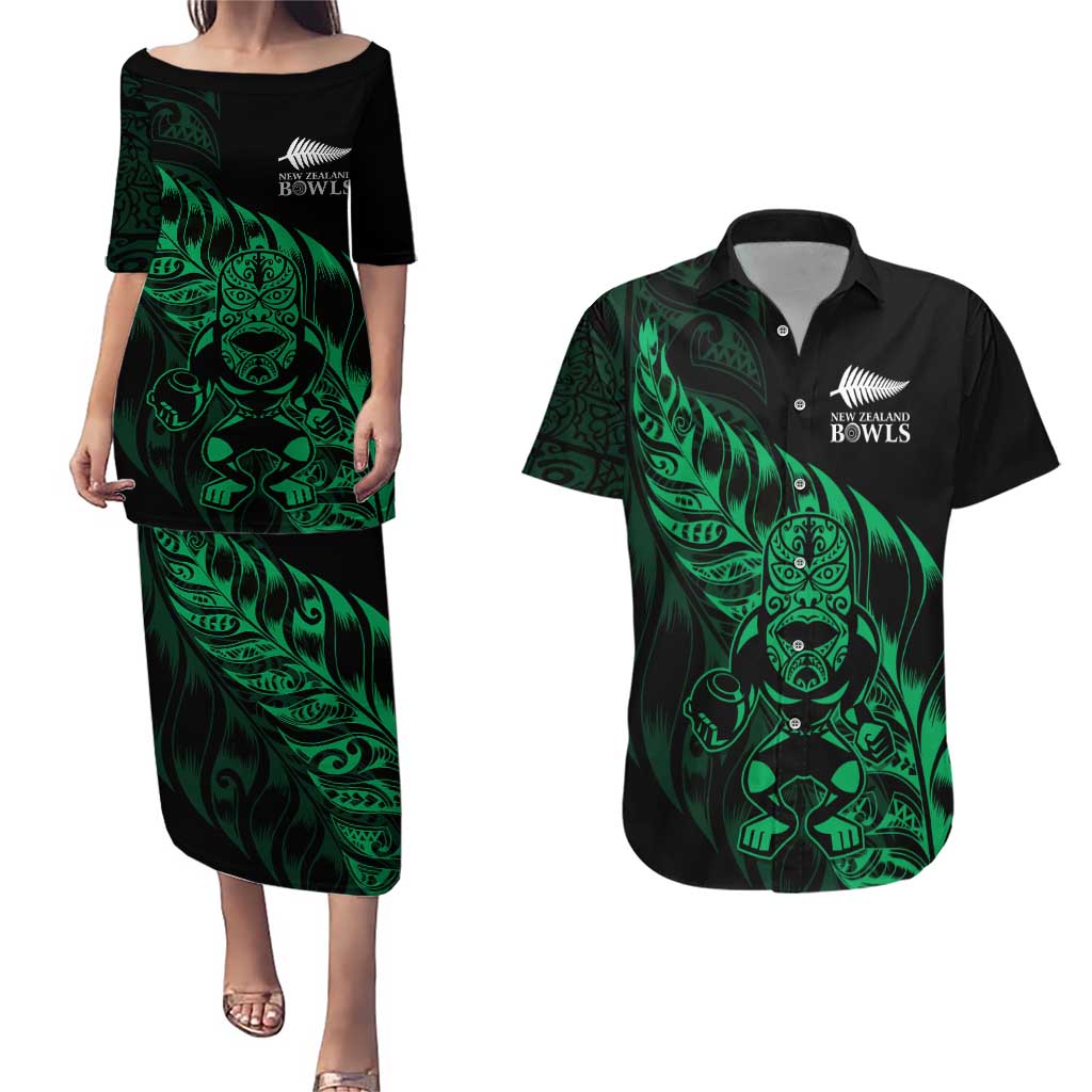 New Zealand Lawn Bowls Custom Couples Matching Puletasi and Hawaiian Shirt Green Maori Warrior Tribal Silver Fern - Polynesian Pride
