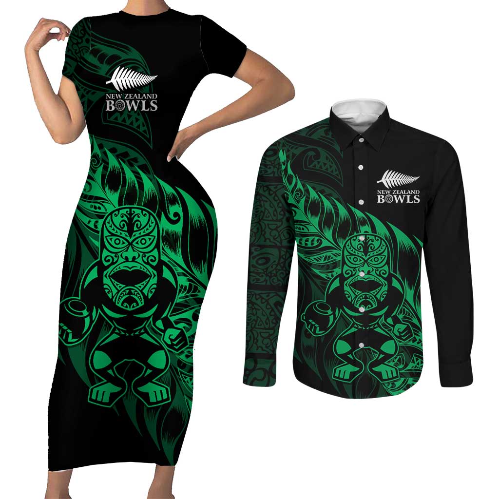 New Zealand Lawn Bowls Custom Couples Matching Short Sleeve Bodycon Dress and Long Sleeve Button Shirt Green Maori Warrior Tribal Silver Fern - Polynesian Pride