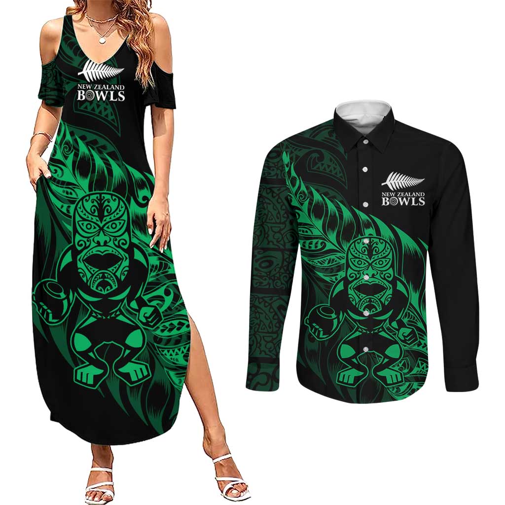 New Zealand Lawn Bowls Custom Couples Matching Summer Maxi Dress and Long Sleeve Button Shirt Green Maori Warrior Tribal Silver Fern - Polynesian Pride