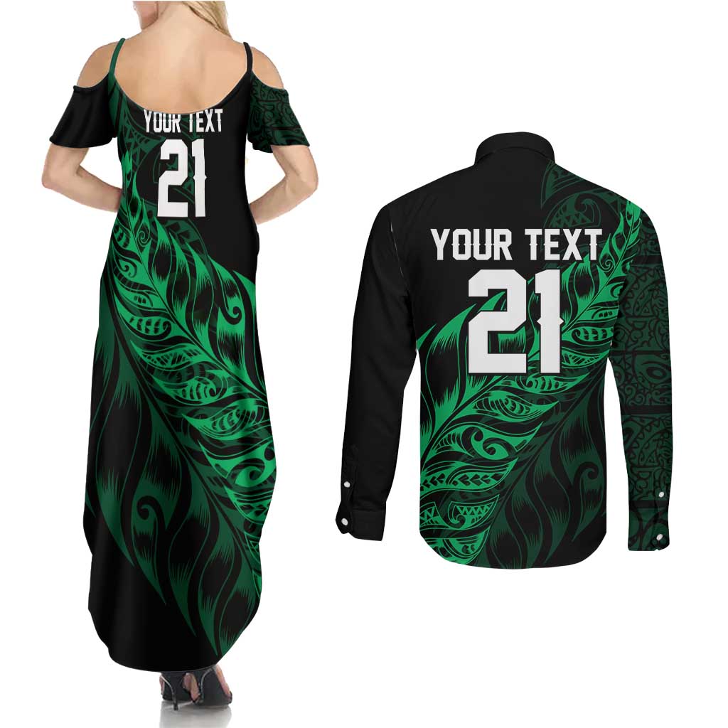 New Zealand Lawn Bowls Custom Couples Matching Summer Maxi Dress and Long Sleeve Button Shirt Green Maori Warrior Tribal Silver Fern LT9 - Polynesian Pride