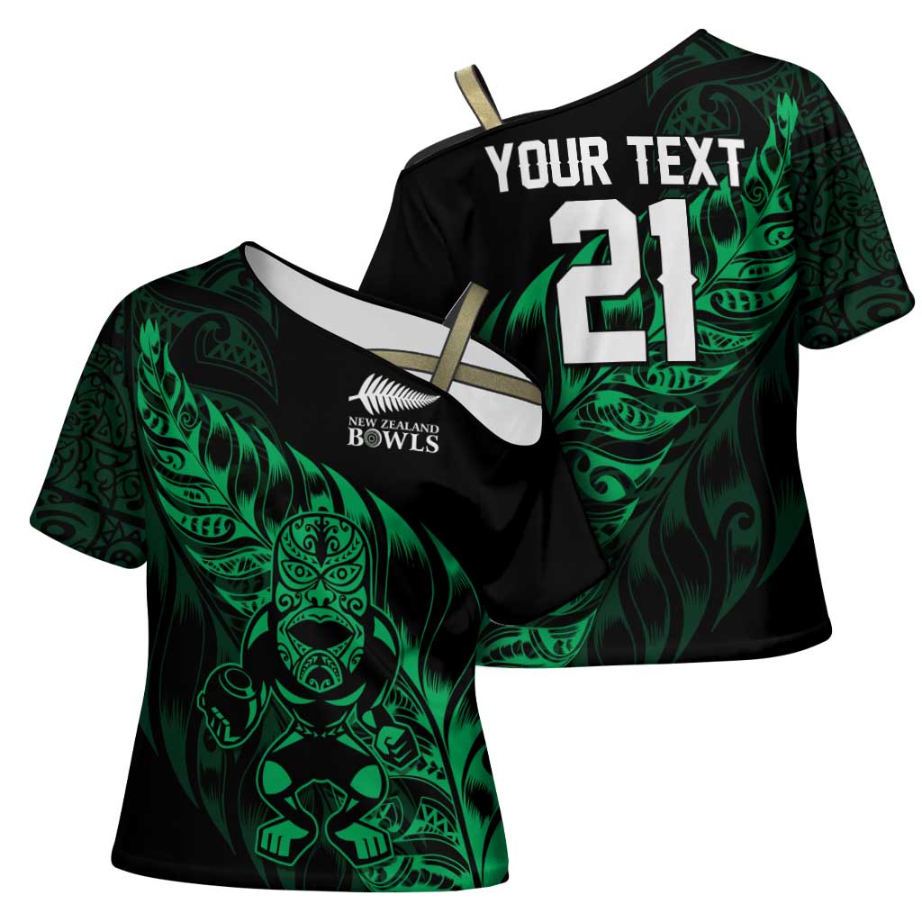 New Zealand Lawn Bowls Custom Cross Shoulder Shirt Green Maori Warrior Tribal Silver Fern - Polynesian Pride