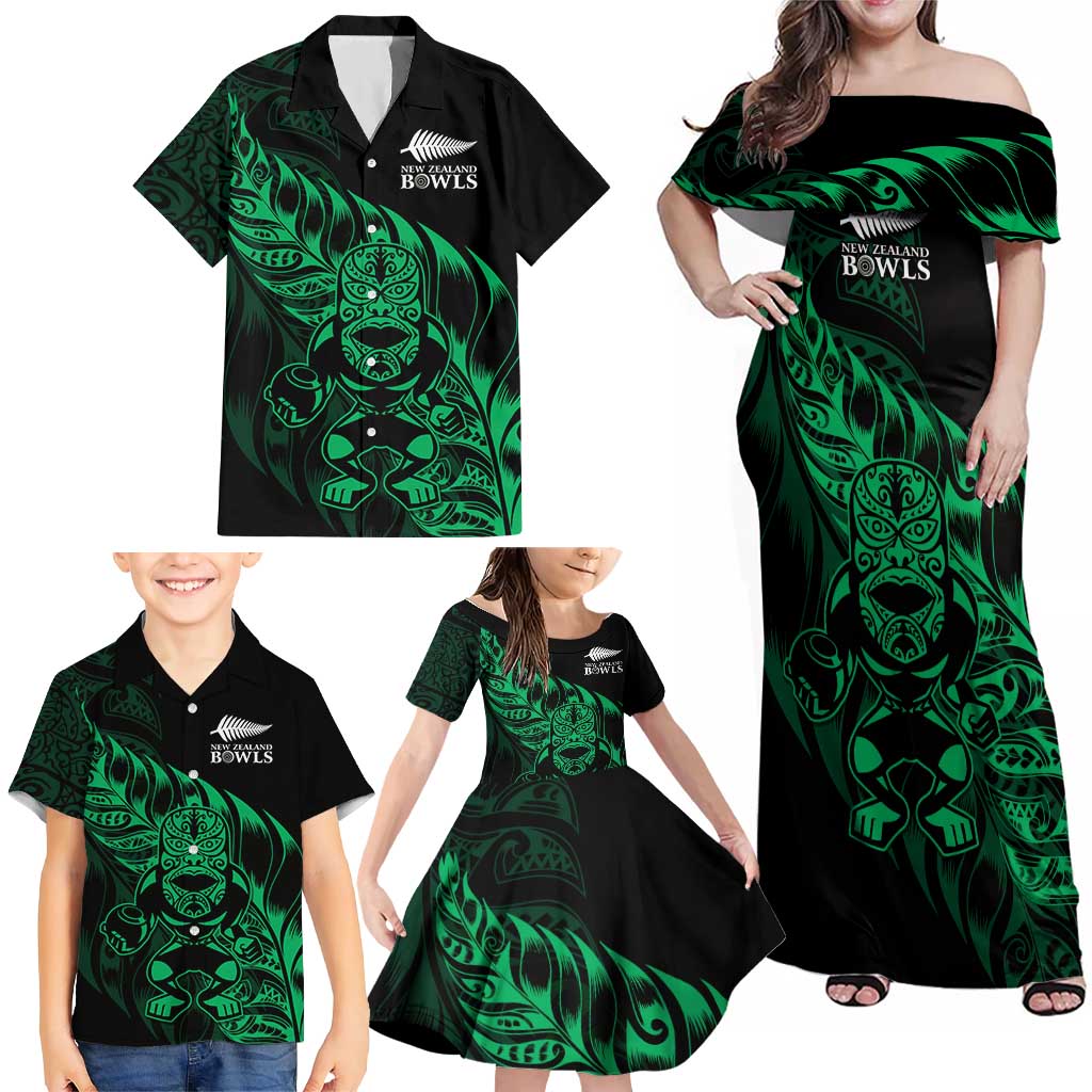 New Zealand Lawn Bowls Custom Family Matching Off Shoulder Maxi Dress and Hawaiian Shirt Green Maori Warrior Tribal Silver Fern - Polynesian Pride