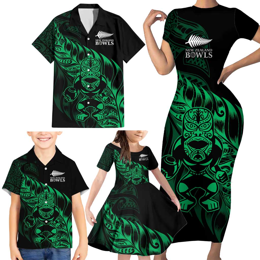 New Zealand Lawn Bowls Custom Family Matching Short Sleeve Bodycon Dress and Hawaiian Shirt Green Maori Warrior Tribal Silver Fern - Polynesian Pride