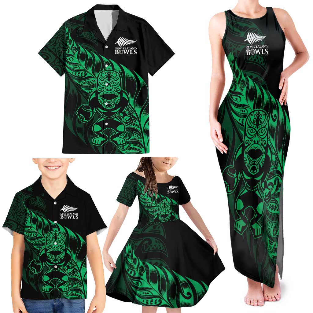 New Zealand Lawn Bowls Custom Family Matching Tank Maxi Dress and Hawaiian Shirt Green Maori Warrior Tribal Silver Fern - Polynesian Pride
