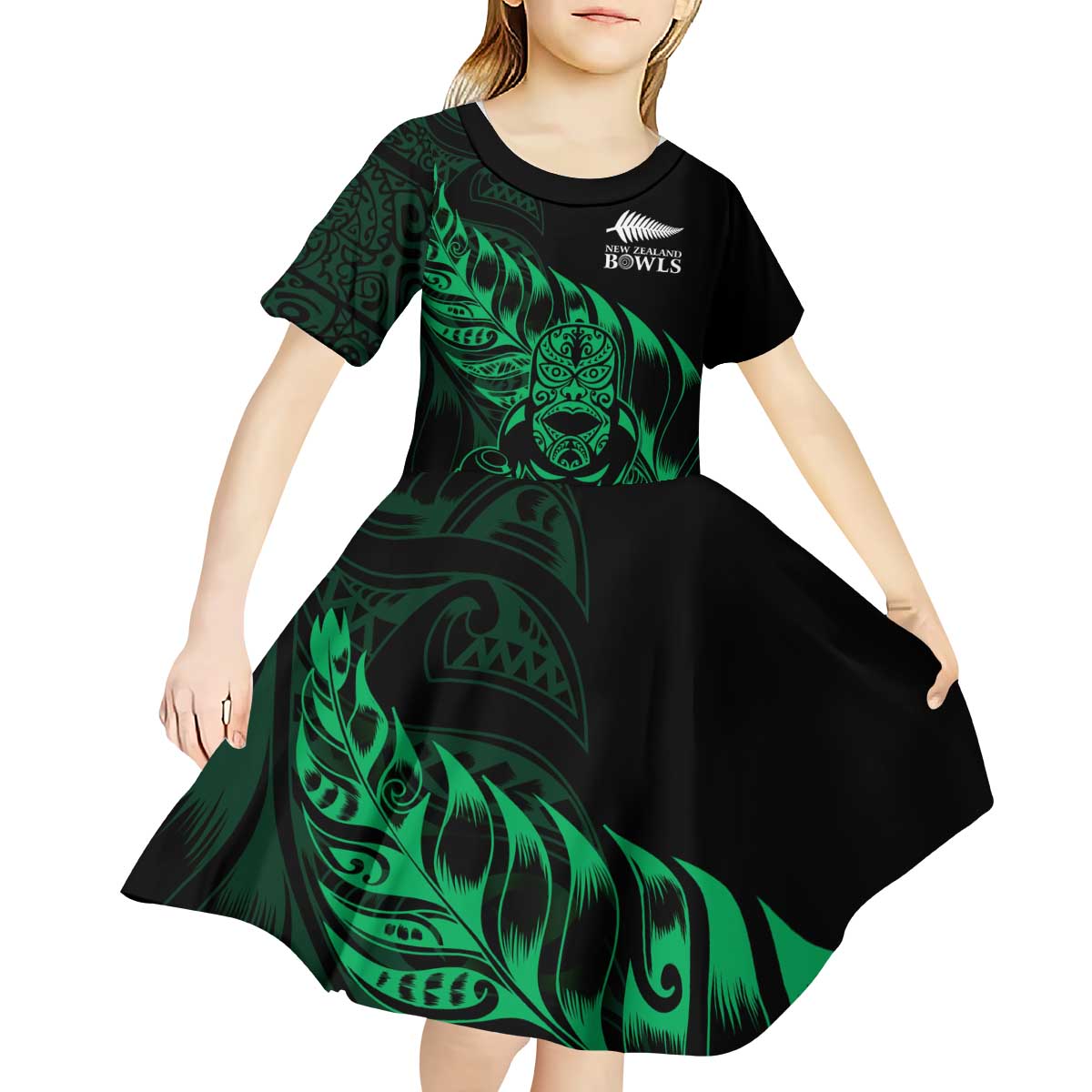 New Zealand Lawn Bowls Custom Kid Short Sleeve Dress Green Maori Warrior Tribal Silver Fern LT9 - Polynesian Pride