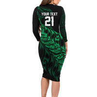 New Zealand Lawn Bowls Custom Long Sleeve Bodycon Dress Green Maori Warrior Tribal Silver Fern LT9 - Polynesian Pride