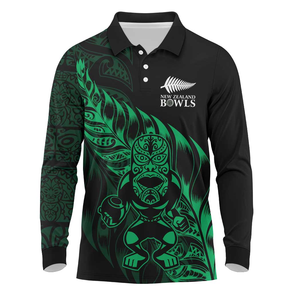New Zealand Lawn Bowls Custom Long Sleeve Polo Shirt Green Maori Warrior Tribal Silver Fern LT9 Green - Polynesian Pride