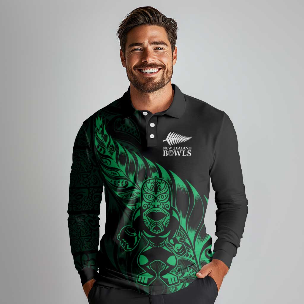 New Zealand Lawn Bowls Custom Long Sleeve Polo Shirt Green Maori Warrior Tribal Silver Fern LT9 - Polynesian Pride
