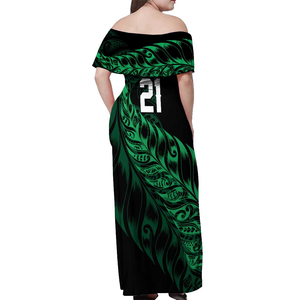 New Zealand Lawn Bowls Custom Off Shoulder Maxi Dress Green Maori Warrior Tribal Silver Fern - Polynesian Pride