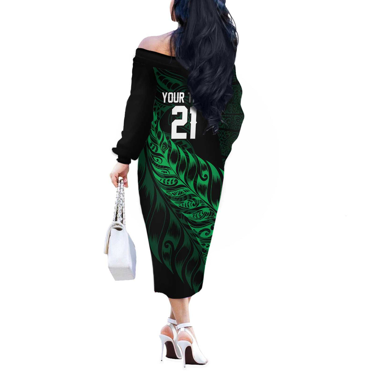 New Zealand Lawn Bowls Custom Off The Shoulder Long Sleeve Dress Green Maori Warrior Tribal Silver Fern LT9 - Polynesian Pride