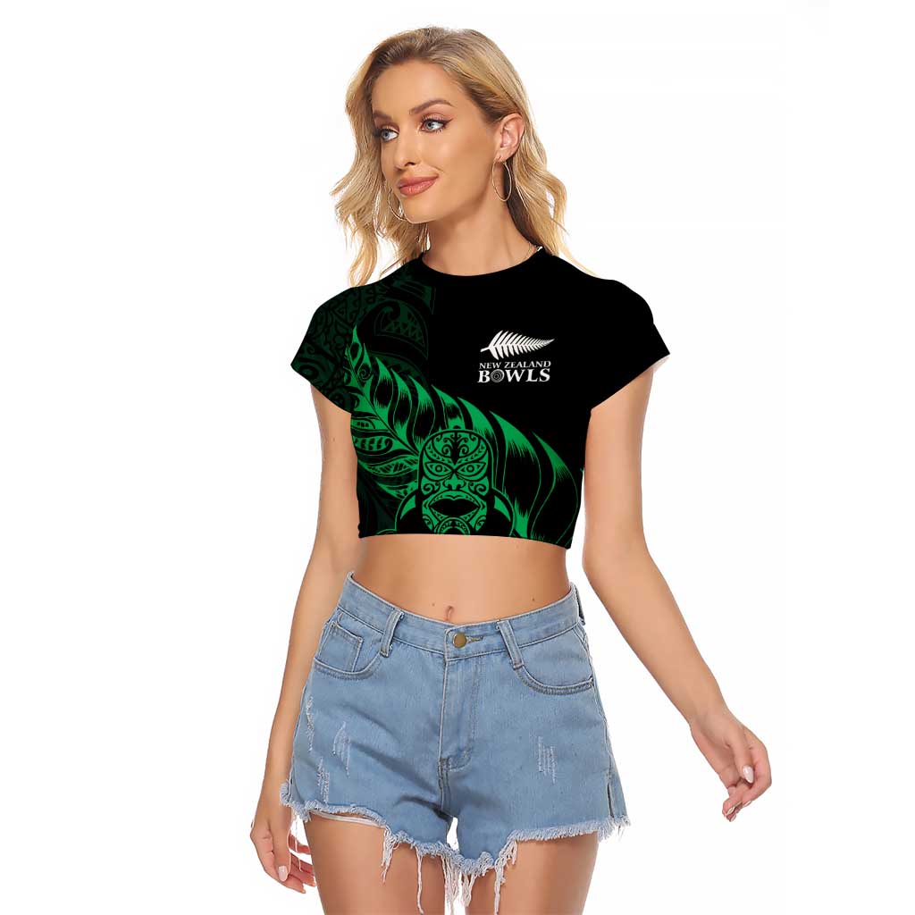 New Zealand Lawn Bowls Custom Raglan Cropped T Shirt Green Maori Warrior Tribal Silver Fern - Polynesian Pride