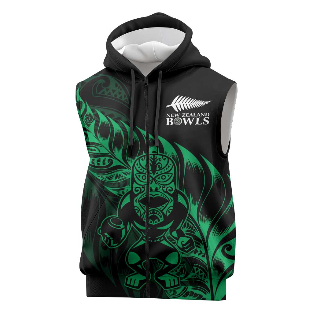 New Zealand Lawn Bowls Custom Sleeveless Zip Hoodie Green Maori Warrior Tribal Silver Fern LT9 Green - Polynesian Pride