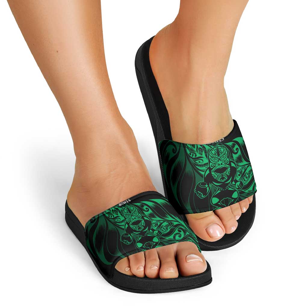 New Zealand Lawn Bowls Slide Sandals Green Maori Warrior Tribal Silver Fern - Polynesian Pride