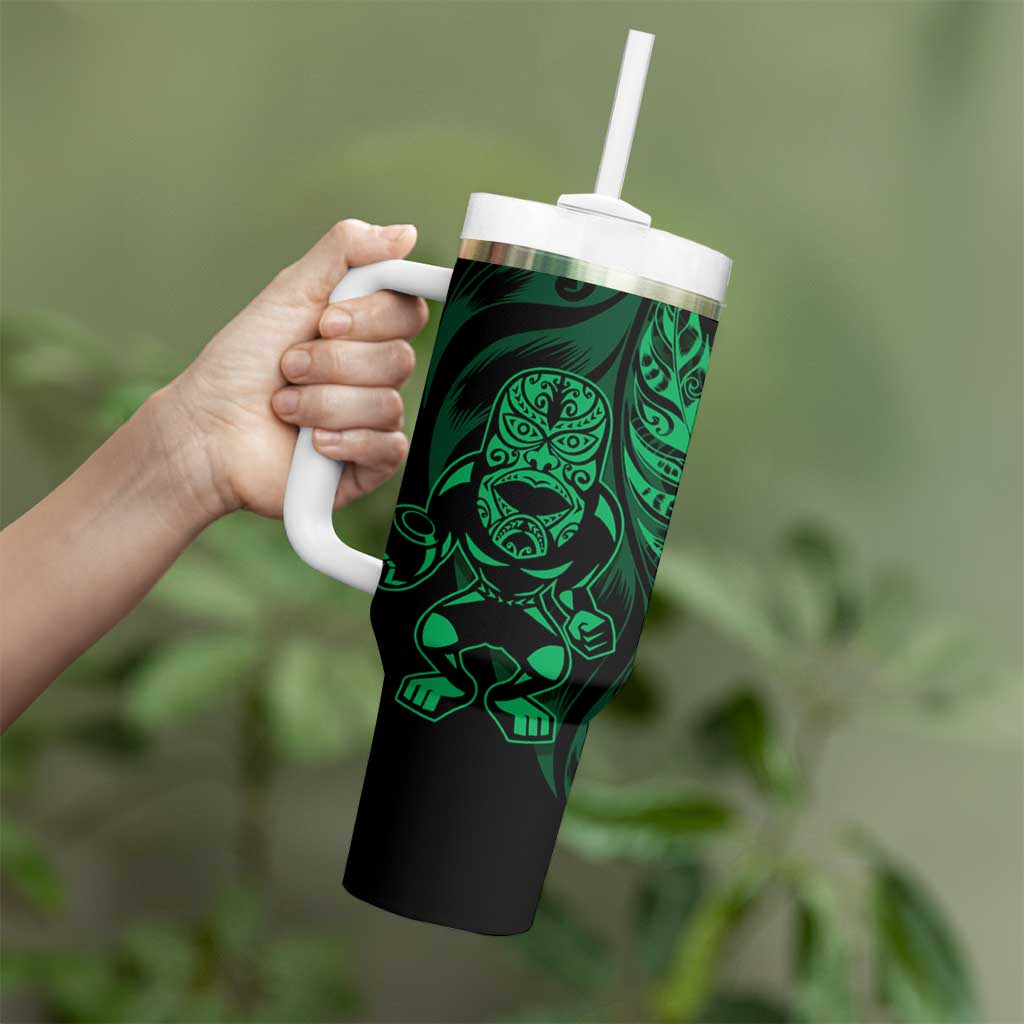 New Zealand Lawn Bowls Custom Tumbler With Handle Green Maori Warrior Tribal Silver Fern - Polynesian Pride