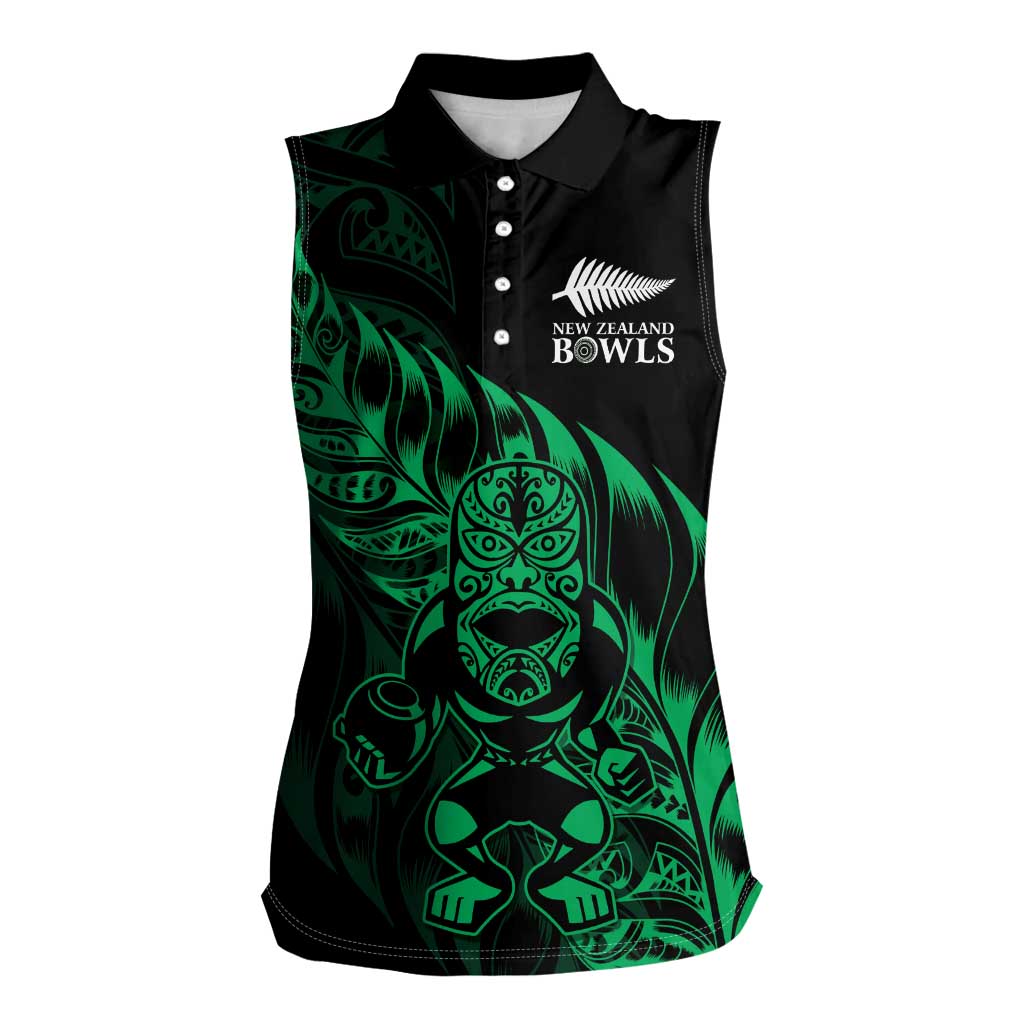 New Zealand Lawn Bowls Custom Women Sleeveless Polo Shirt Green Maori Warrior Tribal Silver Fern LT9 Female Green - Polynesian Pride